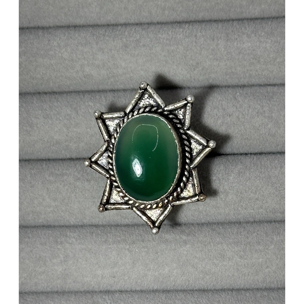 Vintage Sterling Silver Statement Ring Large Oval Green Cabochon SZ 9.25